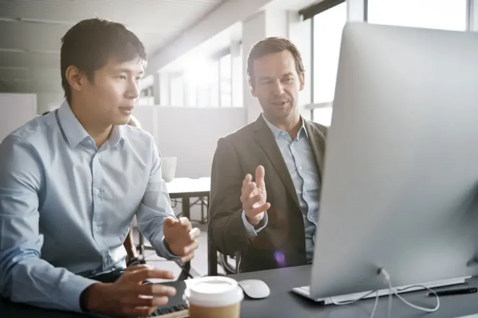 Two male business professionals discussing project on computer screen.